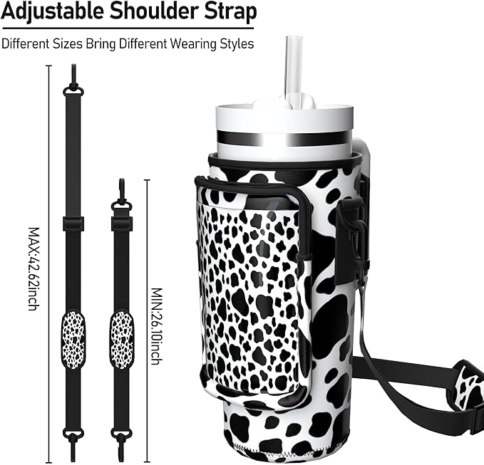 Water Bottle Carrier Bag with Phone Pocket for 40oz Tumbler with Handle, Adjustable Strap Neoprene Water Bottle Sleeve Pouch for Hiking Camping Travelling. (Cow)