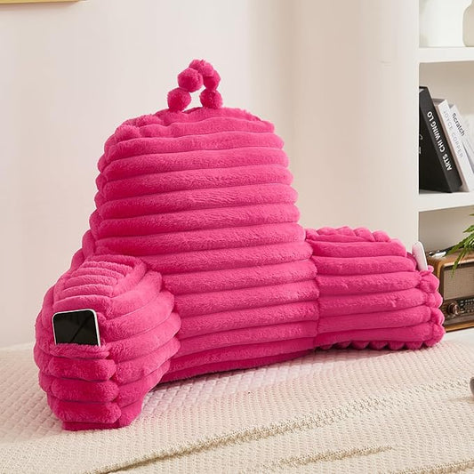 Faux Fur Fluffy Hot Pink Reading Pillow with Pockets, Luxury Striped Plush Decorative, Arm Rests and Back Surport for Bed Rest, Lounging on sofa, Large