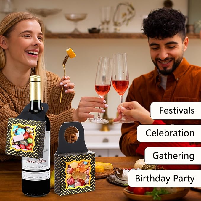 ISKYBOB 20PCS Wine Bottle Box with Window, Kraft Paper Wine Boxes for Birthday Gifts Hanging Wine Treat Box Mini Charcuterie Boxes Champagne Bottles Gift Boxes Candy Box for Party Favor (Black Gold)