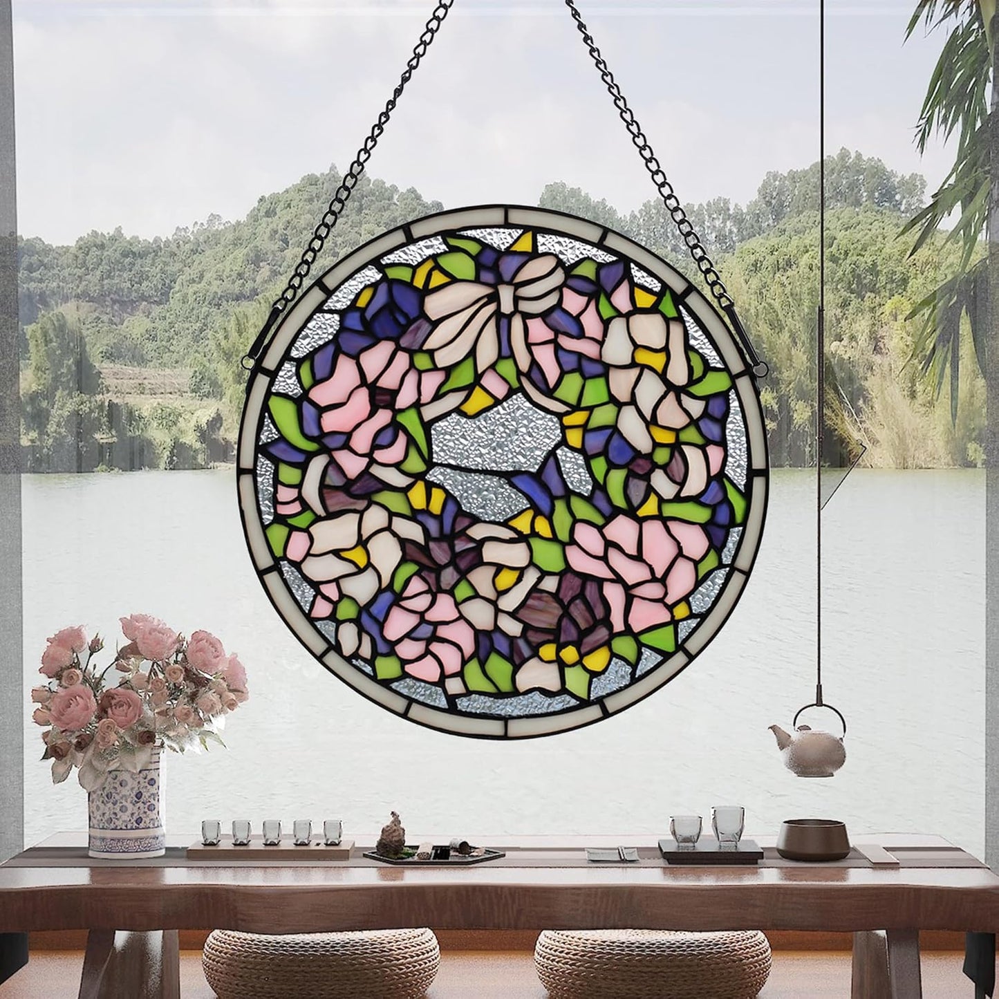 Handcrafted Stained Glass Window Panel - 12-Inch Round Floral Design with Vibrant Colors, Elegant Decorative Hanging Art for Home Décor, Includes 20-Inch Chain & Hook (Pink Iris)