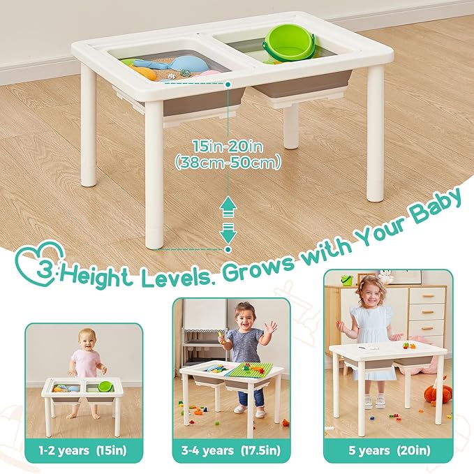 FUNLIO Wooden Sensory Table with 2 Bins for Toddlers 1-5, 3-Level Height Adjustable Kids Sensory Table with Anti-Warping Plywood Lid, Indoor/Outdoor Play Sand and Water Table, CPC Certified, White