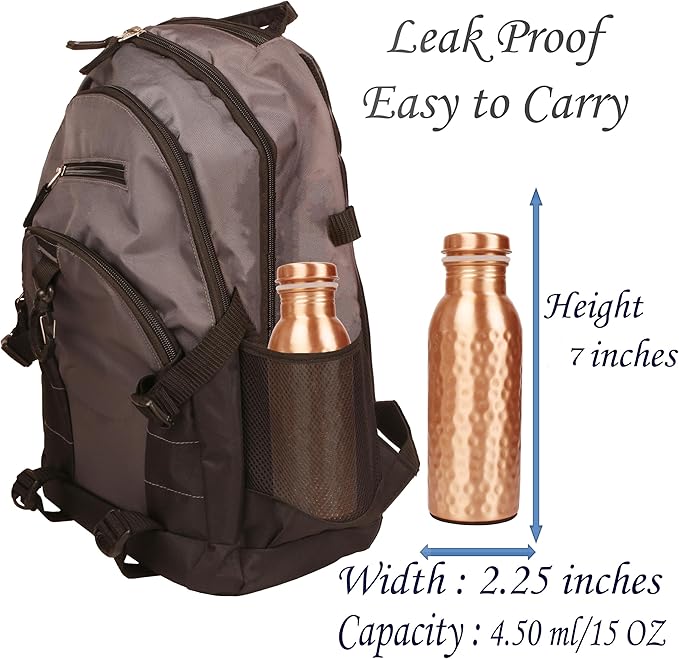 Pure Copper Water Bottle - Handcrafted - Ayurveda health benefits - Small 15 oz - Leak proof, Easy to carry for Sports, Fitness, Yoga, School - Natural Hammered Beaten Copper Finish