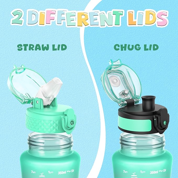 OLDLEY Kids Water Bottle for School, 12 oz (2 lids) BPA-Free Reusable Leak-proof Durable Tritan Plastic Water Bottles with Straw & Chug Lids, Anti-dust Spout Cover (Green Purple)