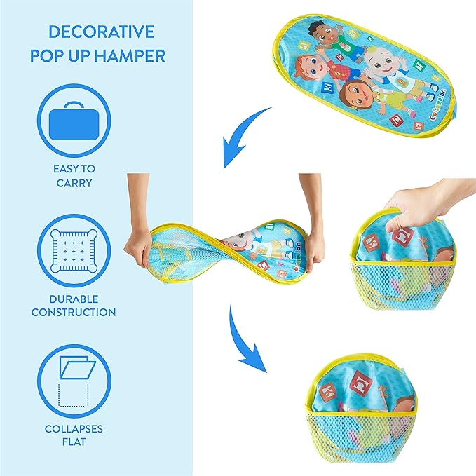 Idea Nuova Cocomelon Pop Up Hamper with Durable Carry Handles, 21'' H x 13.5'' W X 13.5'' L