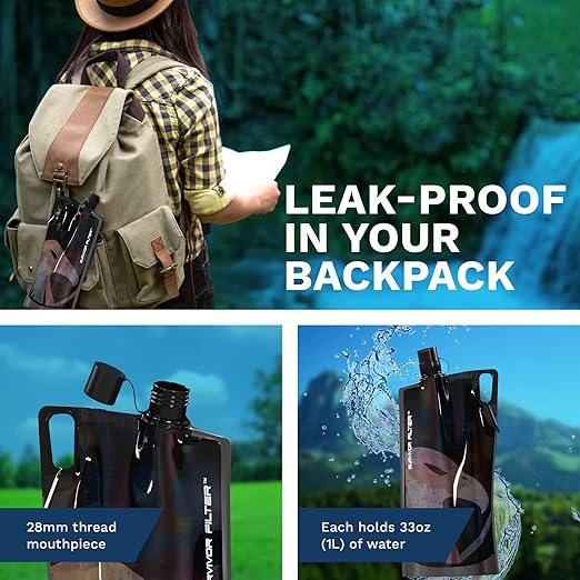 Survivor Filter 1L Black Collapsible Water Bottles - Travel, Hiking, Foldable, BPA-Free - 2 x 33oz