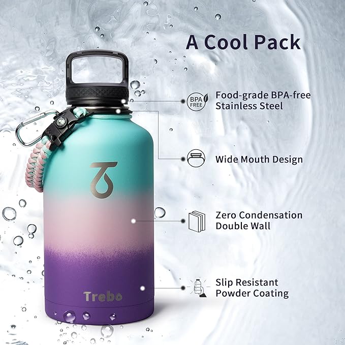 Trebo Water Bottle 64oz with Paracord Handle, Half Gallon Food-grade Double Wall Vacuum Stainless Steel Insulated Jug with Straw Spout Handle Lids, Leakproof Keep Cold & Hot Ombre:Hydrangea