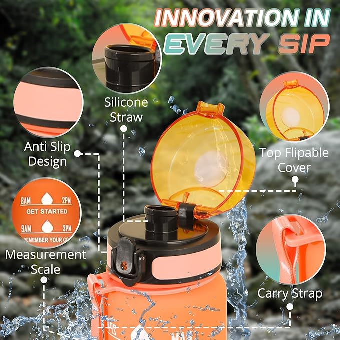 32 oz Water Bottle with Time Marker- Leak-Proof & BPA Free Reusable Gym Water Bottle - Easy to Carry Motivational Water Bottle for Fitness, Sports, Outdoor, Cycling, School (Red & Black)