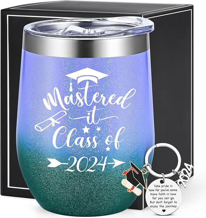 Lifecapido Graduation Gifts, Mastered it Class of 2024 12oz Wine Tumbler with Keychain, 2024 High School College Masters Degree PHD Graduation Gifts for Her Graduates Friends Classmates, Gradient