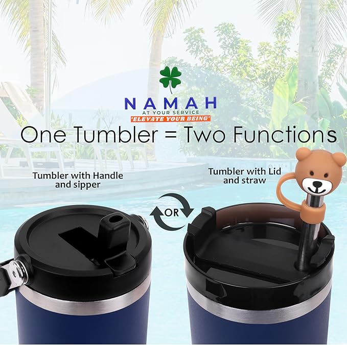 Tumbler with Handle & Extra Cloud LID – 30oz/900ml, Premium 304 Stainless Steel, Insulated Water Bottle, Leak-Proof, Steel Straw, Teddy Straw Cap, Cleaning Brush & Carabiner Hook (Midnight Teal Blue)