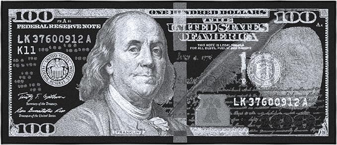Machine Washable $100 Bill Design Non-Slip Rubberback 22x53 Modern Runner Rug for Hallway, Kitchen, Bedroom, 22" x 53", Black