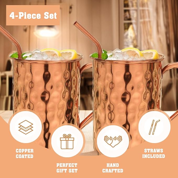 Moscow Mule Copper Mugs - 100% Hammered HANDCRAFTED 16 oz Christmas Gift Set Premium Quality Cocktail Copper Straws and Jigger! - Set of 4 Mug with Shot Glass -Pure Solid Mugs 4 Perfect Cocktail Mug