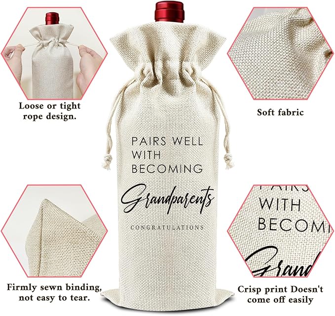 Pairs Well with Becoming Grandparents - Gifts for New Grandma Grandpa Wine Bags, 1 PC Reusable Drawstring Burlap Wine Bottle Bags, Baby Announcement Gifts for Dad Mom, Wine Accessories -46