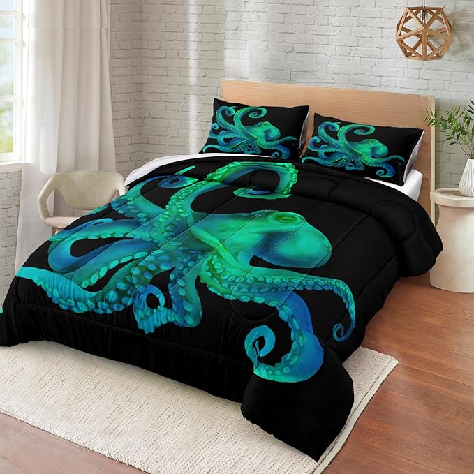 Bedbay Octopus Comforter Set Queen Size Ocean Animal Comforter Set for Kids Teens Sea Marine Themed Octopus Bedding Tentacles Pattern Queen Bedding Set(Octopus,Queen)