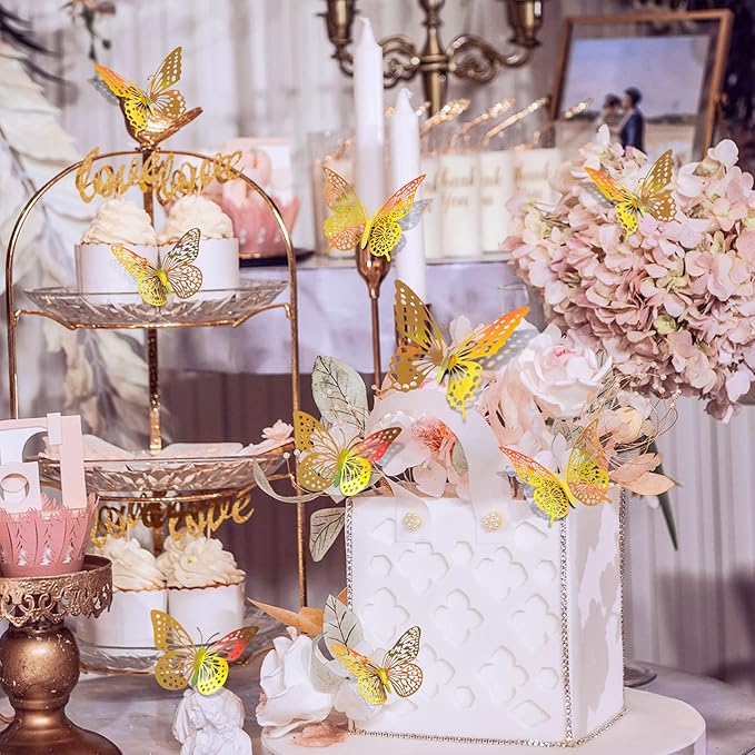 SAOROPEB 3D Butterfly Wall Decor 48 Pcs 4 Styles 3 Sizes-Butterfly Birthday Decorations&Butterfly Party Decorations&Butterfly Cake Decorations-Removable Gold Butterfly Decorations (Laser Gold)