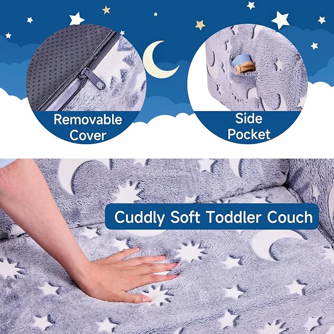 Toddler Chair, Toddler Couch, Kids Couch, Kids Sofa Chair 2 in 1, Comfy Toddler Chair Folding Out for Boys, Girls, Glow in The Dark Extra Soft Open Couch for Playroom, Gifts for Kids, Grey Star