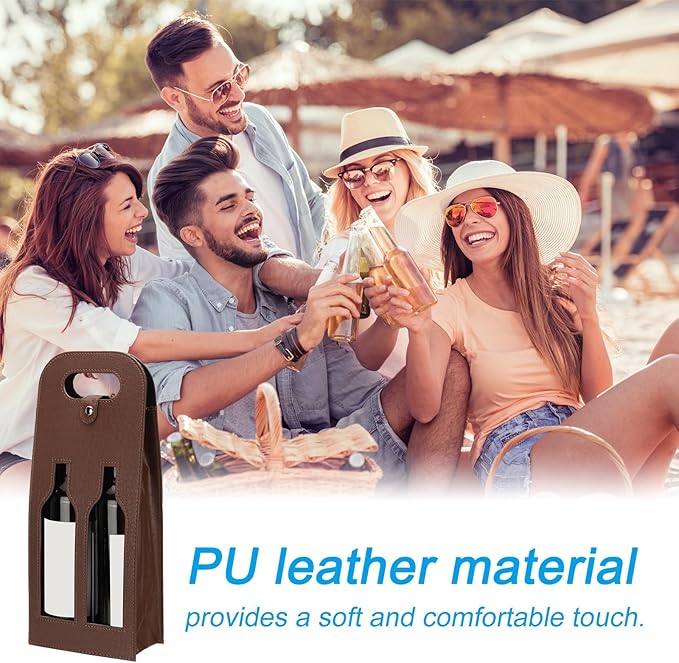 PATIKIL 2 Bottle Wine Gift Bag, 2 Pack Wine Bag Reusable Leather Wine Tote Carrier for Wine Bottles Portable Champagne Gift Bags for Picnic Party Wedding, Brown-2