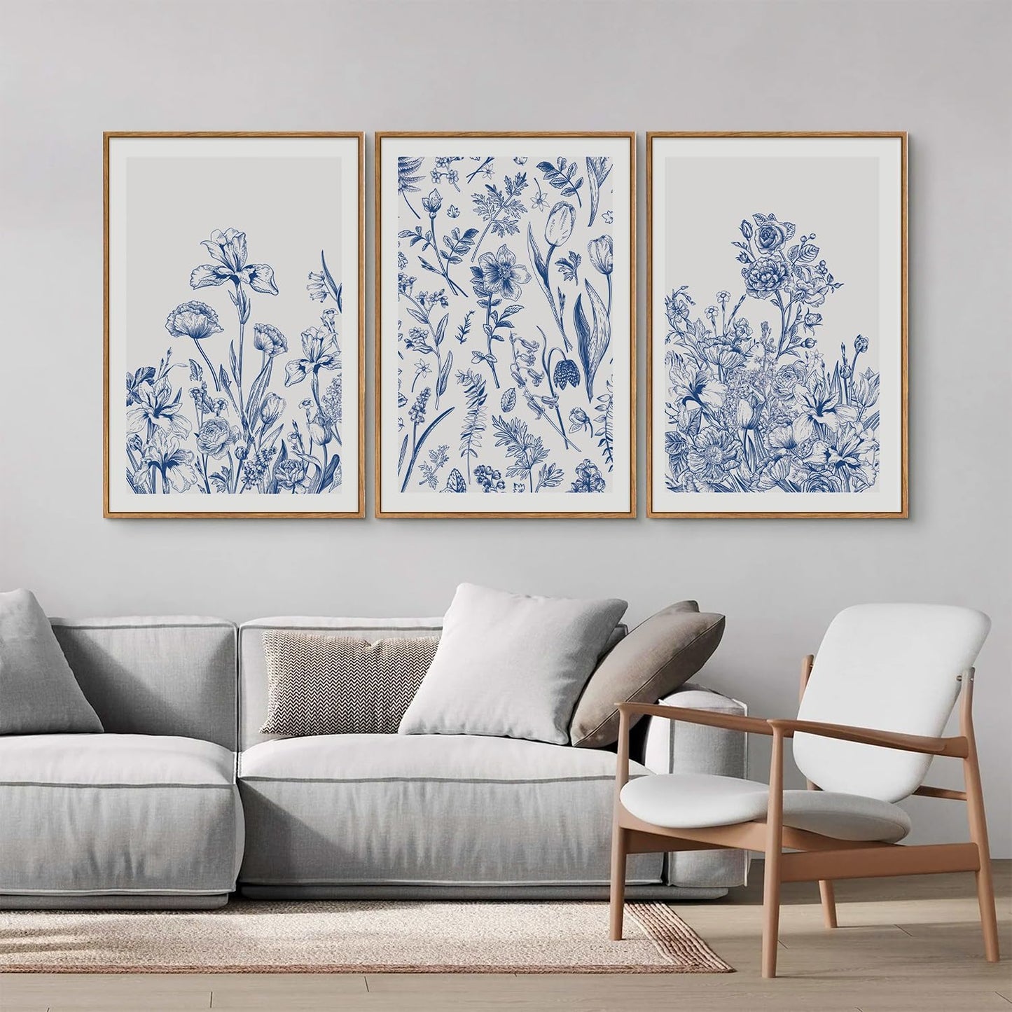 SIGNINART Classic Chinoiserie Framed Canvas Wall Art Set, Blue and White Floral Art Painting, Minimalist Botanical Flower Artwork, Navy Blue Wall Decor for Bedroom, Living Room, Office 16"x24"x3
