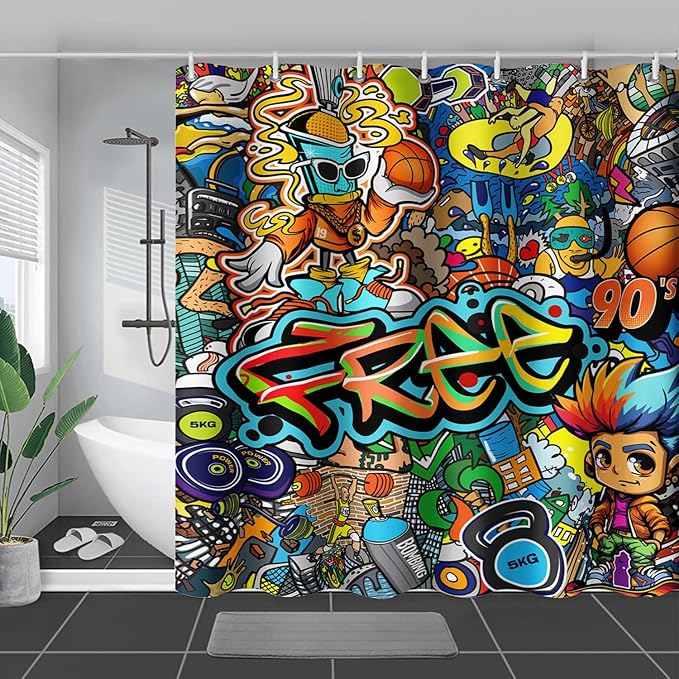 AILONEN Sport Graffiti Shower Curtain for Bathroom,Colorful Graffiti Pattern Bathroom Curtain for Kids Boys Girls,Bath Curtain 72" W*78" H Polyester Waterproof Bathroom Curtain with 12 Hooks