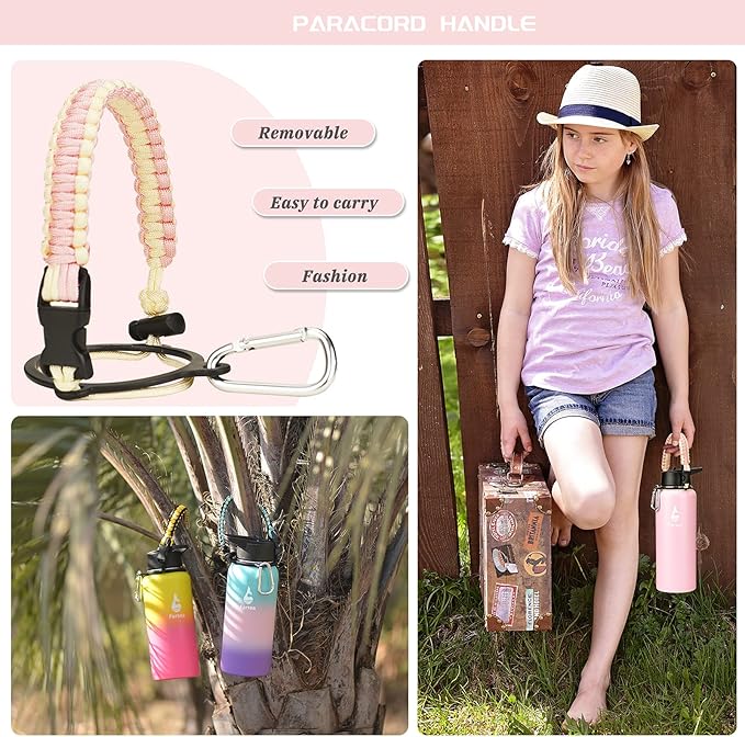 Farsea Insulated Water Bottle with Straw Lid & Spout Lid & Paracord Handle, Stainless Steel Water Bottle Wide Mouth, Double Wall Sweat-Proof BPA-Free, 40 oz, Pink