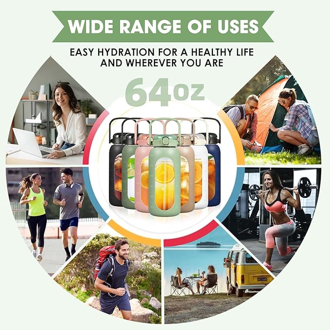 Glass Water Bottles 64 oz - Large Half Gallon Motivational Water Bottle with Time Marker Straw Phone Holder Handle, 64oz Daily Water Intake Jug with Silicone Sleeve for Office Work Gym Aqua