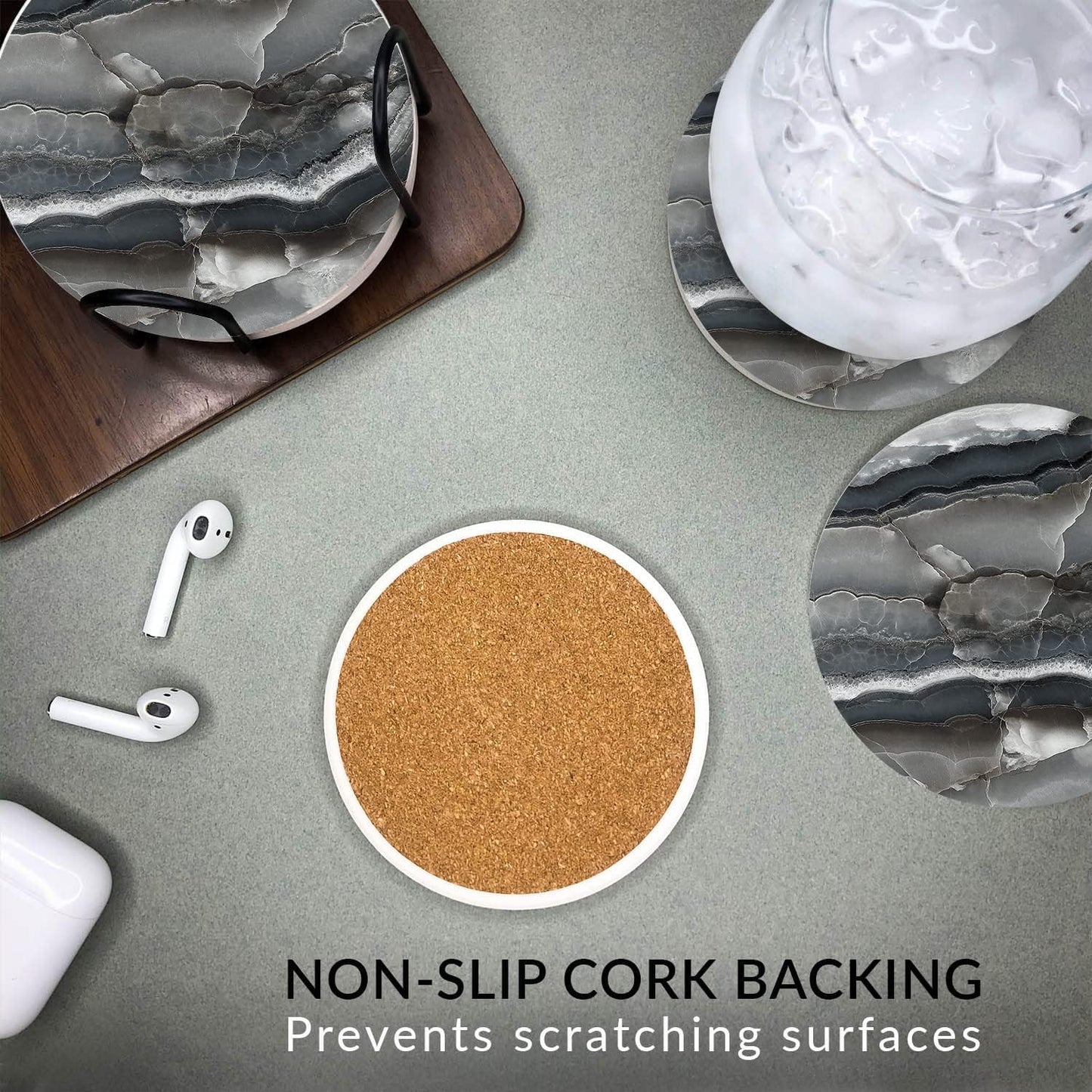 Emerson Essentials Coasters for Drinks Absorbent with Holder, Set of 6, Cork Backing Ceramic Stone Marble Style for Wooden Coffee Bar Tables, Glass Tabletop Non Slip, with Stand