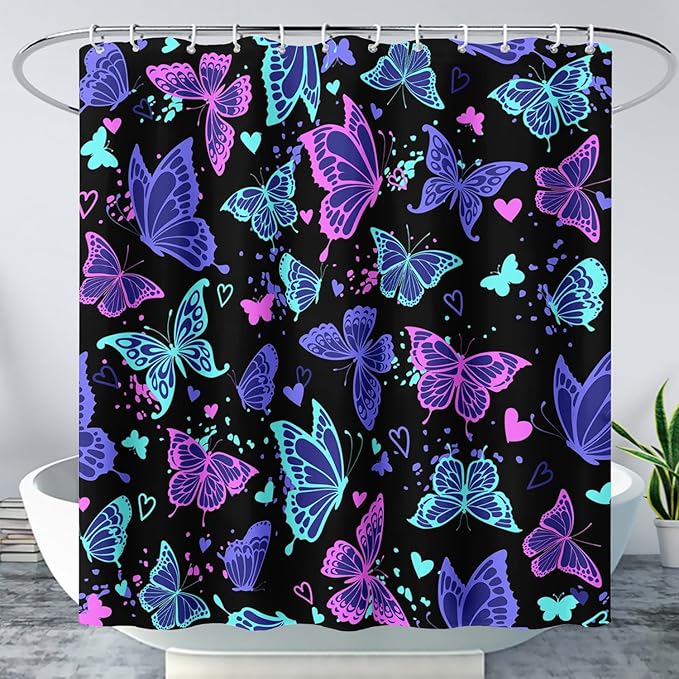 AILONEN Colorful Butterfly Shower Curtain, Butterfly Bath Curtain for Bathroom Decor,Polyester Waterproof with 12 Plastic Hooks 72" W*84" H
