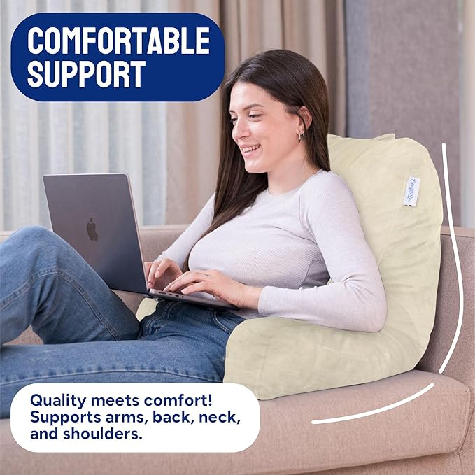ComfortSpa Reading Pillow for Bed Adult Size, Back Rest Pillow with Arms, Pockets and Washable Cover; Use as a Back Pillow for Sitting in Bed for Bedrest or Relief from GERD Heartburn (X-Large Cream)