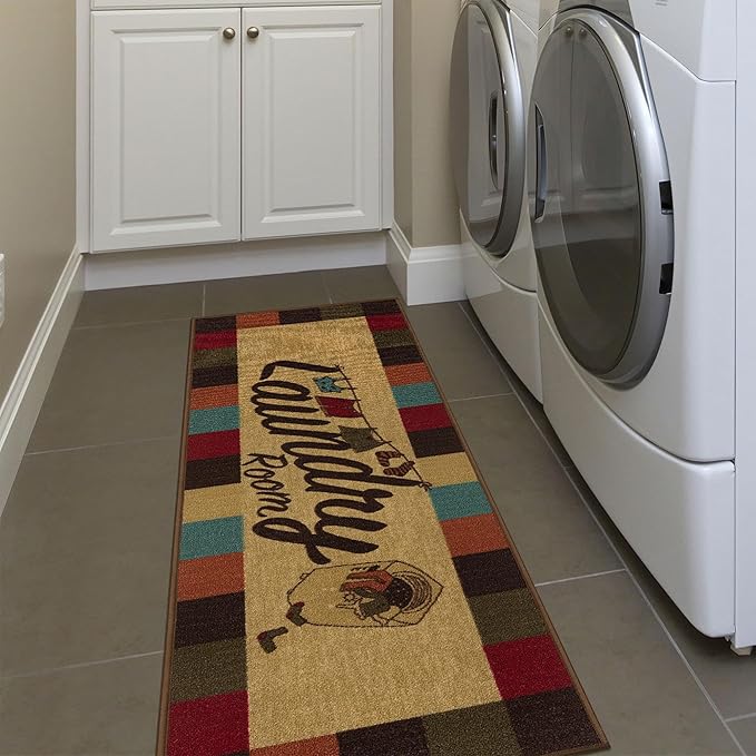 Ottomanson Laundry Collection Non-Slip Rubberback Checkered Border Design 2x5 Laundry Room Runner Rug, 20" x 59", Multicolor
