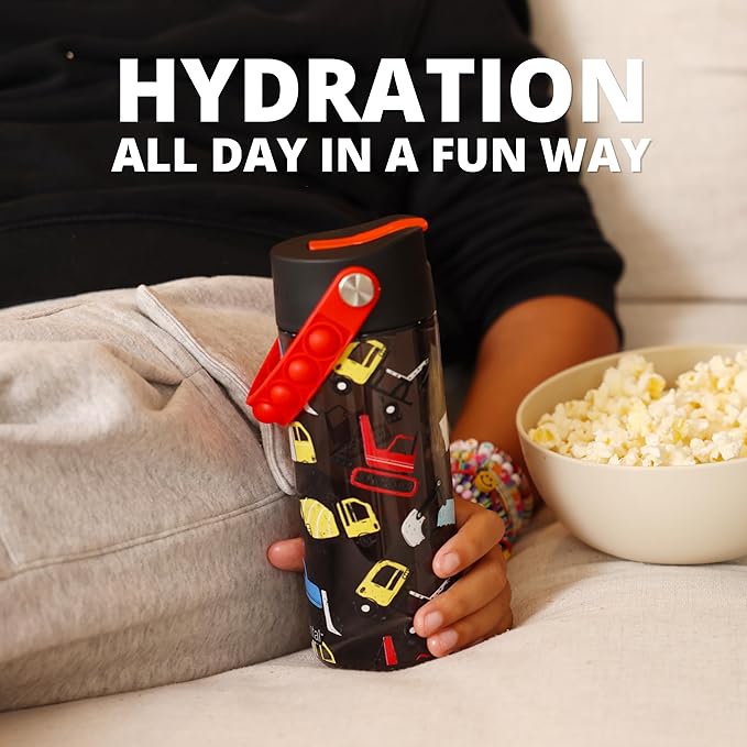 Elemental Leak Proof Water Bottles for Kids - Splash Kids Water Bottle for School with Fun Fidget Pop-it Handle - BPA Free Tritan Plastic Reusable Water Bottle with Straw - Construction - 18oz