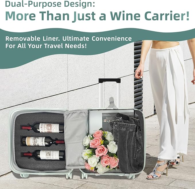 Wine Suitcase, 6 Bottle Wine Luggage, Durable Wine Travel Case, Fly With Wine Suitcase with TSA Lock, Versatile Wine Carrier with Removable Inserts and Silent Spinner Wheels（Mint）