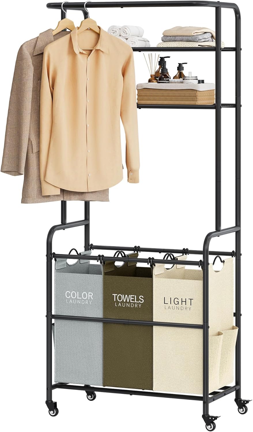 Laundry Sorter 3 Section,Laundry Hamper Cart with Hanging Rack & Removable Bags,Heavy Duty Laundry Basket Organizer with Wheels & 2 Tier Shelf,3 Colors