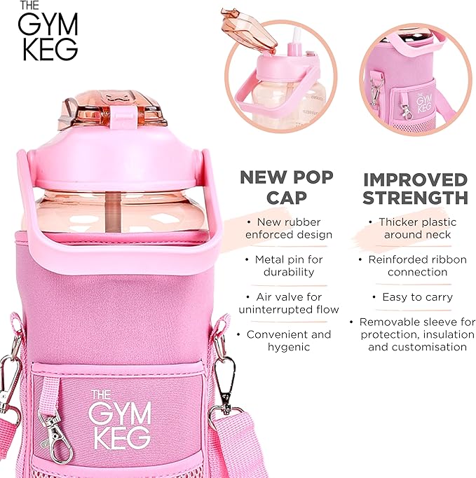Gym Keg Water Bottle with Carrier - 74 oz Bottle Jug with Neoprene Sleeve - BPA-free & Food-Grade - Leak Proof, Durable Material - Reusable Water Jug for Workouts, Jogging, Travel, Gym - Cherry