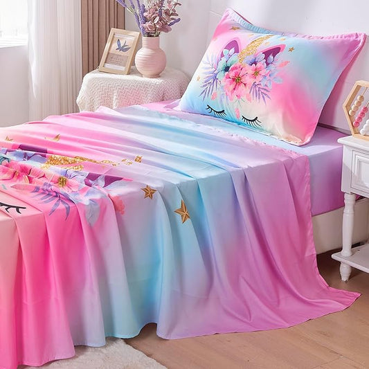 VIVILINEN Twin Size Sheet Set 3 Piece Rainbow Unicorn Kids Bed Sheets Set for Girls Kids Bedding Sheets Toddler Twin Bedding Set Include Flat Sheet, Deep Pocket Fitted Sheet and Pillowcase