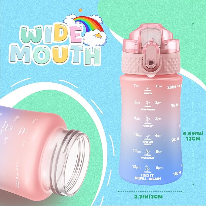 OLDLEY Kids Water Bottle for School, 12 oz (2 lids) BPA-Free Reusable Leak-proof Durable Tritan Plastic Bottles with Straw & Chug Lids, Anti-dust Spout Cover (Pink Blue)