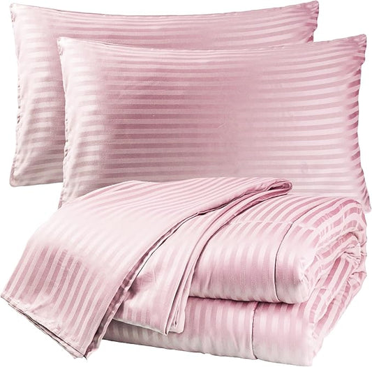 Twin Comforter Set with Sheets, 5 Pieces Super Soft Twin Bed in a Bag, All Season Solid Color Kids Bedding Set Neutral for Boys & Girls, Pink Striped