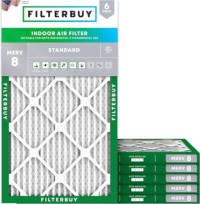 Filterbuy 10x25x1 Air Filter MERV 8 Dust Defense (6-Pack), Pleated HVAC AC Furnace Air Filters Replacement (Actual Size: 9.75 x 24.75 x 0.75 Inches)