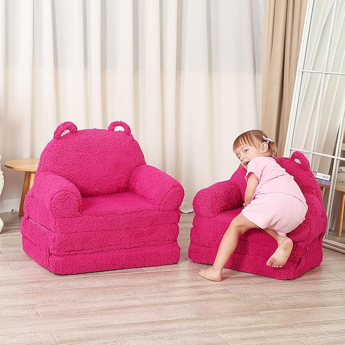 Foldable Kids Sofa, Sherpa Pink Teddy Bear Toddler Couch with Tri Folding Foam Cushions, Comfy Kids Couch for Kids Age 18 Months and Up