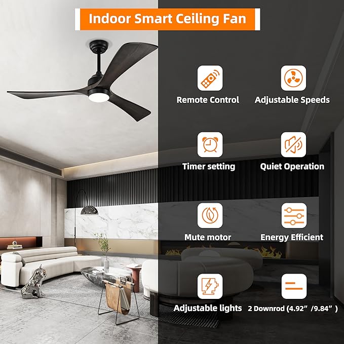 NicBex Ceiling Fan 52 Inch Ceiling Fan with Lights Ceiling Fans with 3 Blades and Remote Control Reversible Ceiling Fan with 6 Wind Speed Levels for Bedroom, Living Room, Full Black