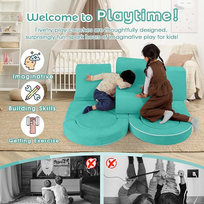 Modular Kids Sofa Play Couch, 12-Piece Kids Couch Sectional Sofa for Playroom Fort Buliding, 3S Instant Rebound and Fully Expand, Versatile Kids Play Couch for Toddler to Teen