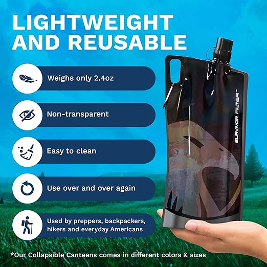 Survivor Filter 1L Black Collapsible Water Bottles - Travel, Hiking, Foldable, BPA-Free - 2 x 33oz