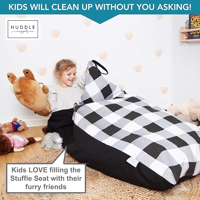 Stuffed Animal Bean Bag Storage - Machine Washable Bean Bag Chair for Kids - Extra Large Cover for Stuffing with Plush Toys, Pillows, Soft Items - Stuffed Animal Holder for Boys & Girls - Gingham