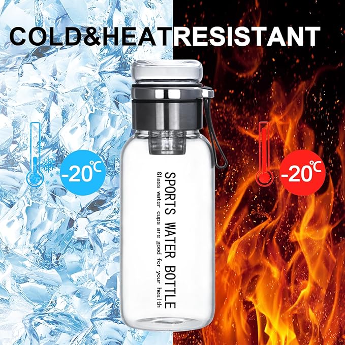 Glass Drinking Bottles,Borosilicate Sports water bottles, 34oz Capacity, With Stainless Steel Tea Strainer and Cup sleeve，Leak-Proof, BPA-Free, for Hot & Cold Beverages Tea, Juice(1PCS)