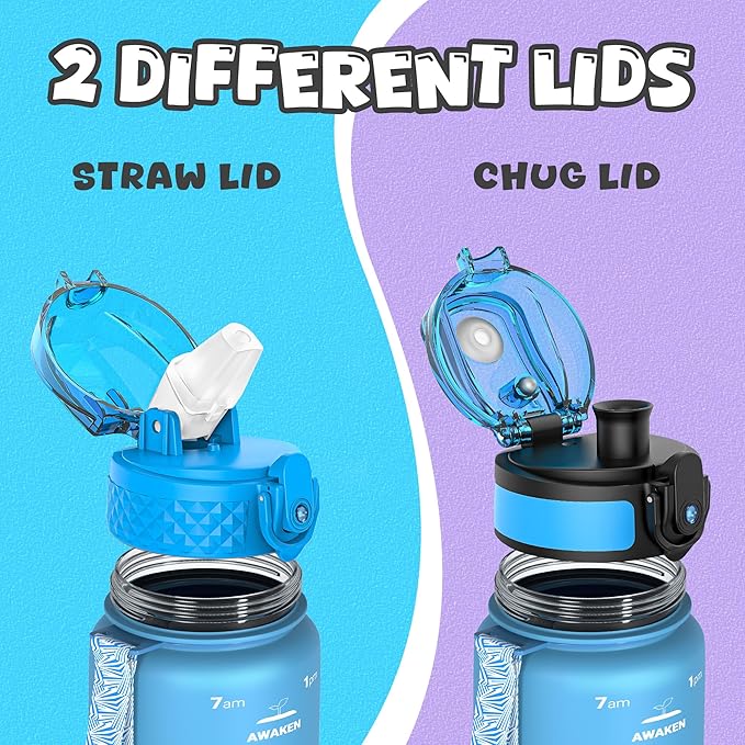 OLDLEY Kids Water Bottle for School, 17 oz (2 lids) BPA-Free Reusable Leak-proof Durable Tritan Plastic Water Bottles with Straw & Chug Lids, Anti-dust Spout Cover (Lake)