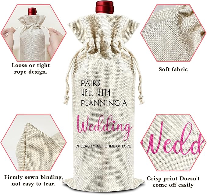 Pairs Well With Planning A Wedding - Gifts for Newlyweds Wine Bags, 1 PC Reusable Drawstring Burlap Wine Bottle Bags, Wedding Gifts for Bride Groom, Wine Gift Bag Wine Accessories -37