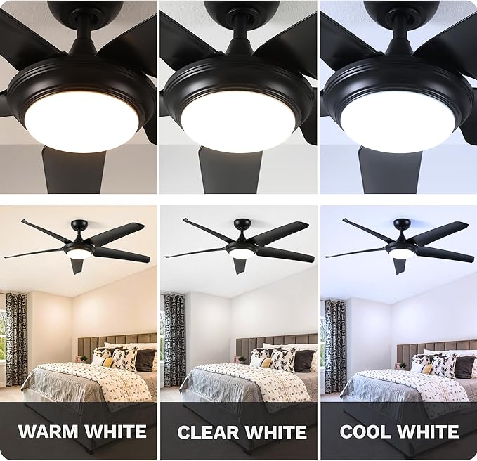 DWVO 56" Ceiling Fan with Light and Remote, Indoor Ceiling Fan Reversible Light Fixtures, 5 Blade Ceiling Fan with Memory 3 Color Temperature, 6 Speed Quiet DC Motor for Bedroom Living Room, Black