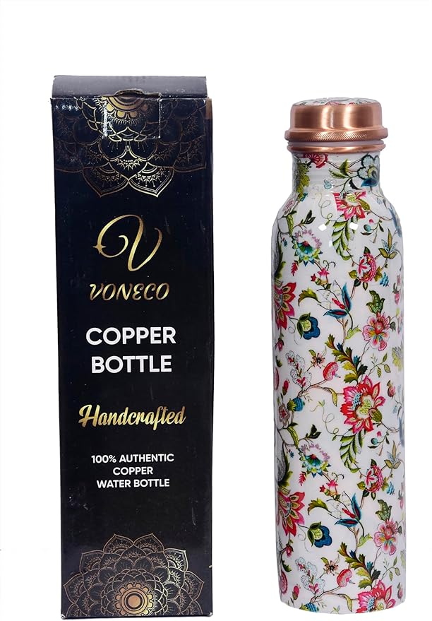 Copper Bottle For Drinking Water 33 Oz Ayurvedic Leak Proof lid Enamel White Design Durable Lightweight Hand Washable Vessel Clean Cool Water Natural Minerals Boost Energy Safe Water Utensil