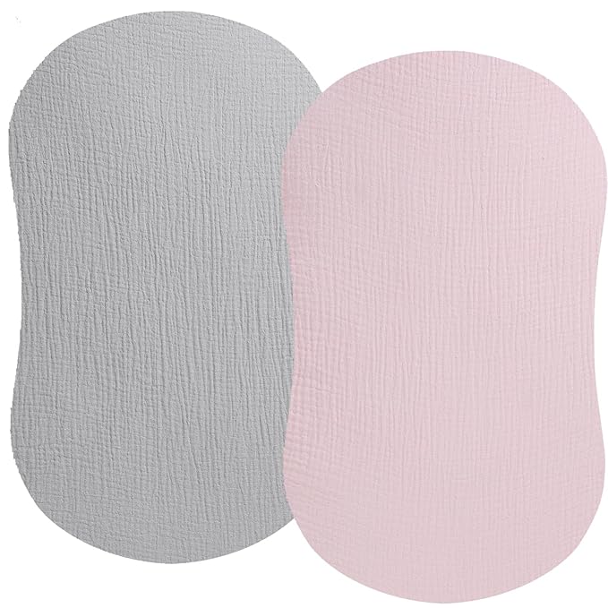 Muslin Bassinet Sheet Compatible with Halo Bassinest Swivel Flex Glide Premiere & Luxe Series Sleeper 2 Pack Cotton Stylish Boho Fitted Bassinet Sheets Super Soft for Baby Roman Grey & Pink