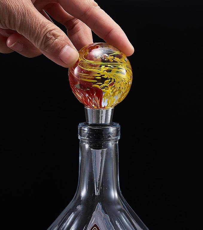 Murano Glass Wine Bottle Stopper with Mid Century Yellow Red Art Glass Ball, Reusable Wine Stoppers for Beverage Wine Saver, Decorative Bottle Stoppers for Gifts, Bar, Party, Wedding, Pack of 1
