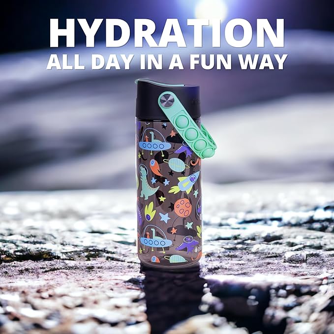 Elemental Leak Proof Water Bottles for Kids - Splash Kids Water Bottle for School with Fun Fidget Pop-it Handle - BPA Free Tritan Plastic Reusable Water Bottle with Straw - Space Dinosaur - 18oz