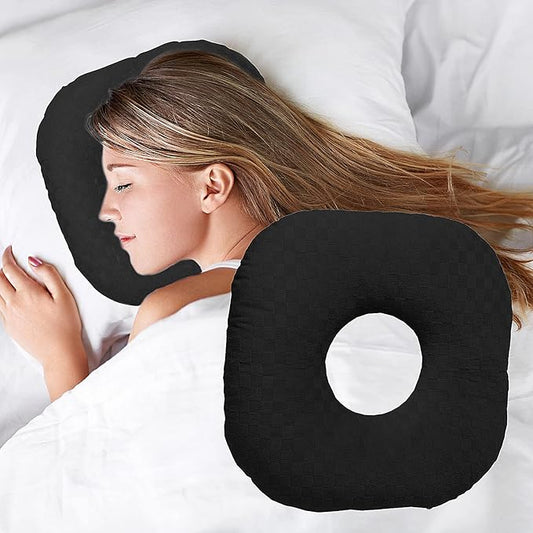 Ear Piercing Pillow for Side Sleepers, Pillow with an Ear Hole for CNH and Ear Pain Ear Inflammation Pressure Sores, O-Shaped Side Sleeping Pillow, Ear Guard Pillow(Black)